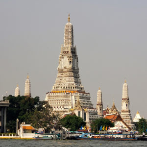 A photo of Wet Arun Temple from the river in Bangkok, Thailand.
