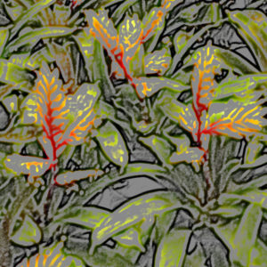 An abstract painterly image of leaves and flowers.